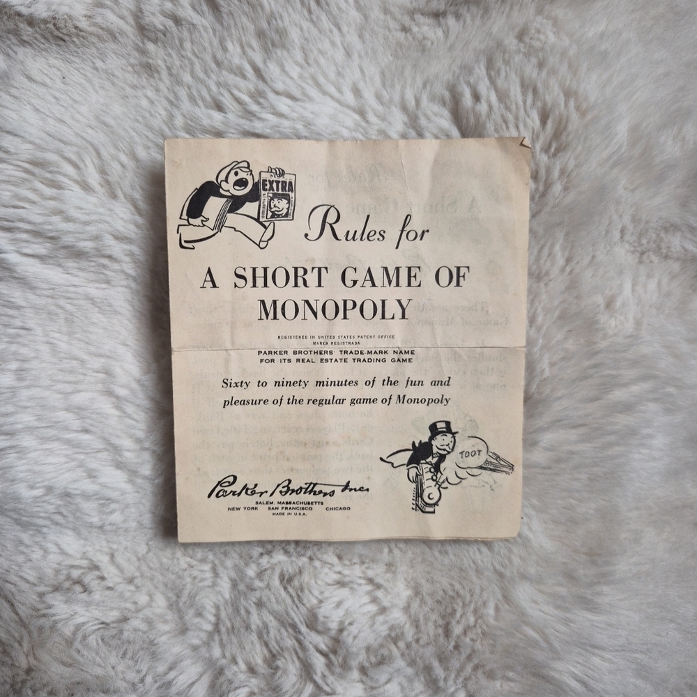 Vintage Paper Rules For A Short Game Of Monopoly Parker Brothers Games Ephemera